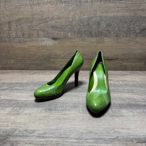 Ralph Lauren Kailee Lime Green Leather Snake Skin Embossed Pumps Women's Size 7 - Picture 1 of 7
